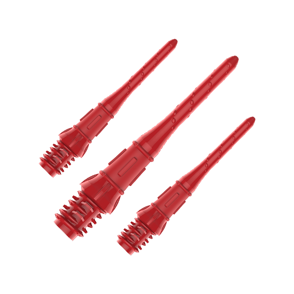 Premium Lippoints (30er Pack) - Spitzen Auf dem Bild sind drei rote Dartspitzen zu sehen. Sie sind schmal und haben ein Schraubgewinde am unteren Ende.