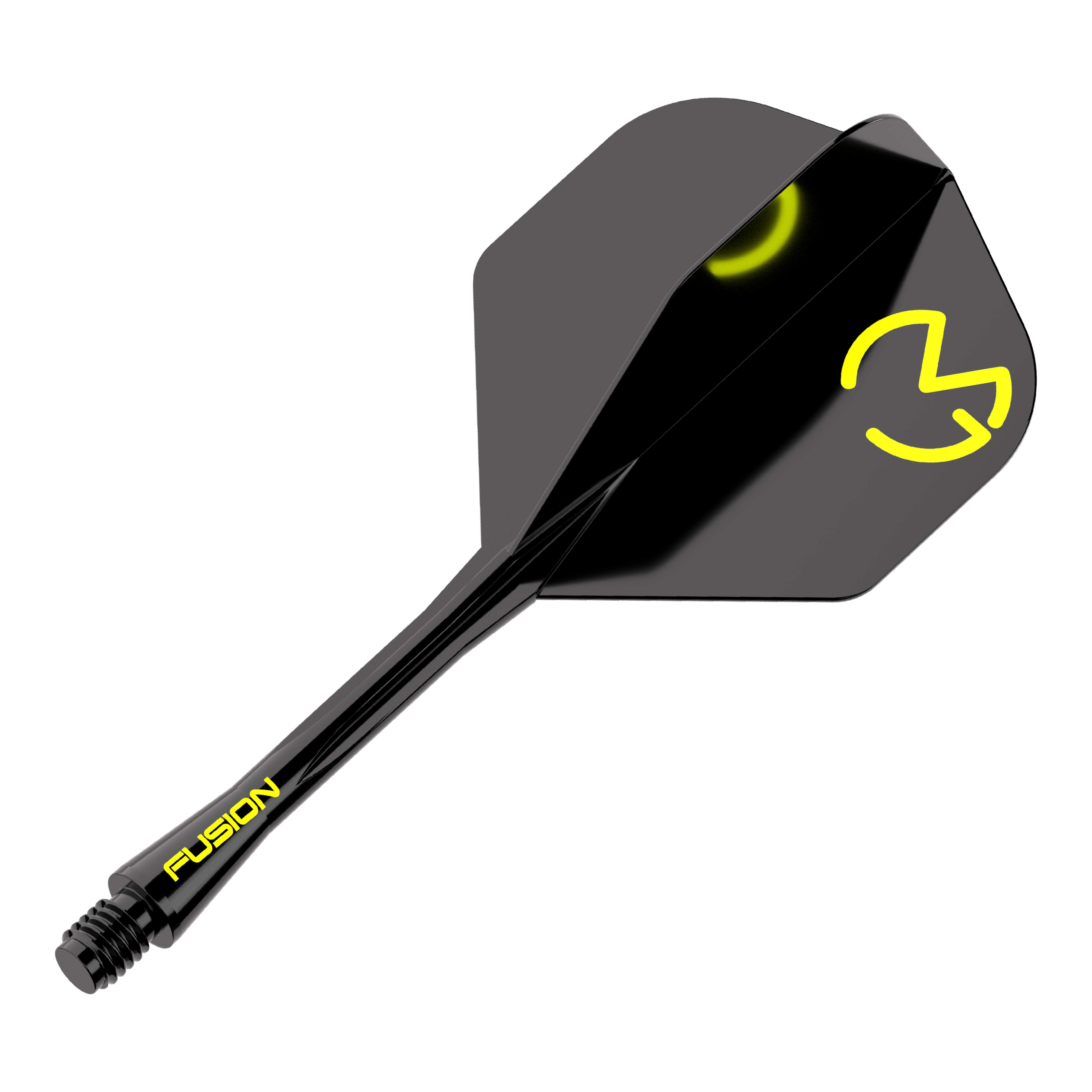 Das Bild zeigt das Winmau Fusion Flight-Shaft-System Michael Van Gerwen Pacman No2 Standard. Es ist schwarz mit gelben Akzenten und hat das markante MVG-Logo auf der Flight.