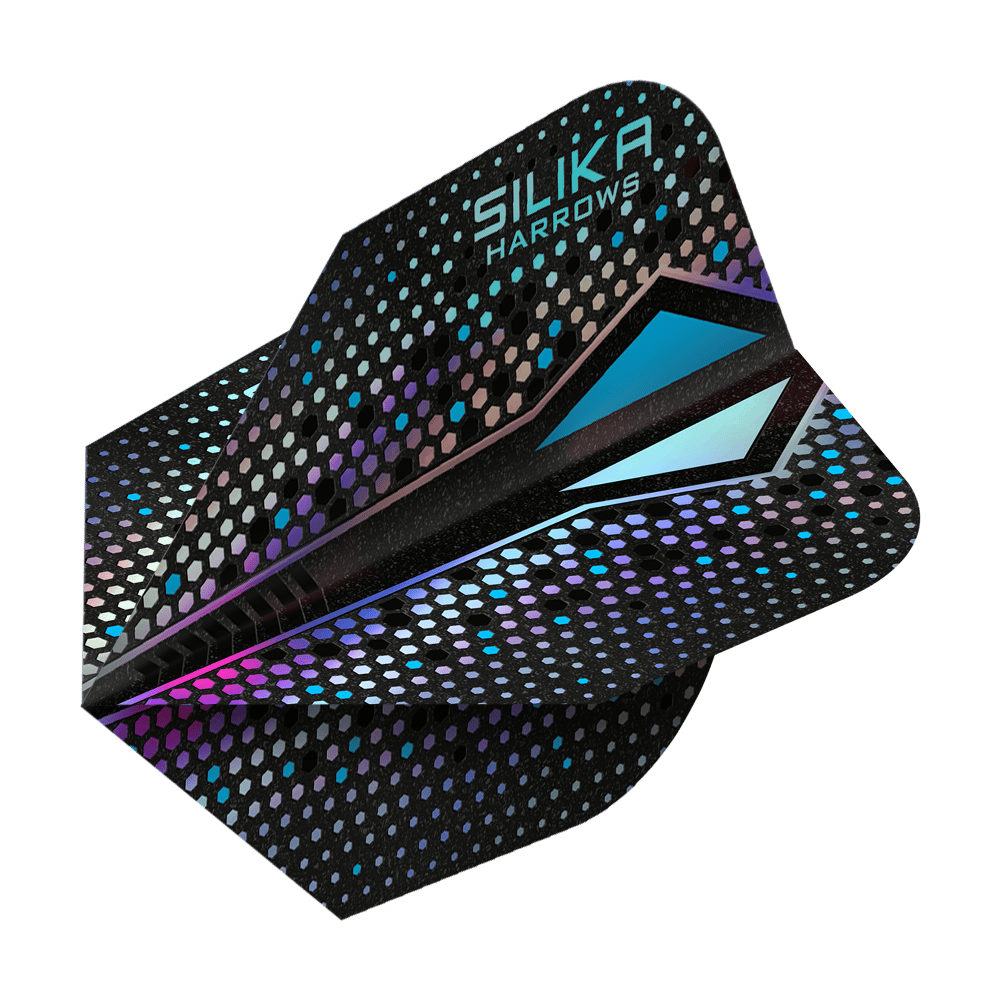 Dies ist ein Dartflight der Marke Harrows mit dem Namen „Silika Colourshift Tough Crystalline Coating Silver-X No6“. Das Design zeigt eine schwarze Oberfläche mit schimmernden, bunten Sechsecken und blauen Akzenten.