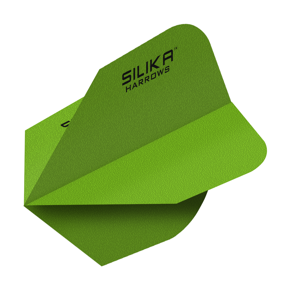 Das Bild zeigt ein grünes Dartflight mit der Aufschrift "SILIKA HARROWS". Es handelt sich um das Modell "Harrows Silika Solid Tough Crystalline Coasting Green No6".