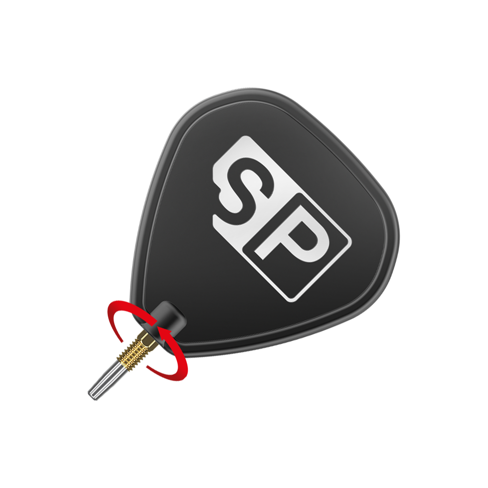 Target Swiss Diamond Pro Gold Dartspitzen Das Bild zeigt eine schwarze Dartspitze mit goldfarbenem Gewinde und der Aufschrift „SP“. Ein roter Pfeil illustriert die Drehbewegung zum Befestigen oder Lösen der Spitze.