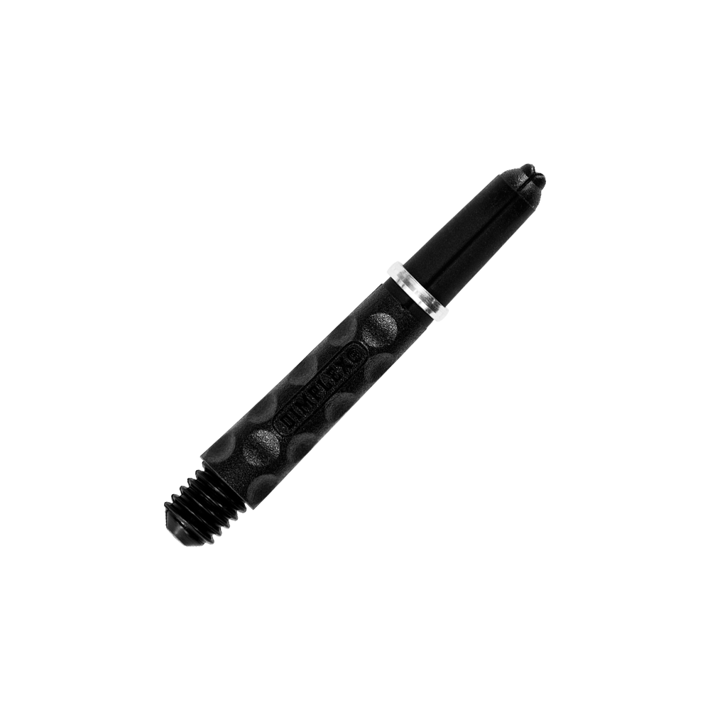 Das Bild zeigt den Harrows Dimplex Shaft in Schwarz. Der Schaft hat eine strukturierte Oberfläche mit runden Vertiefungen für besseren Halt.
