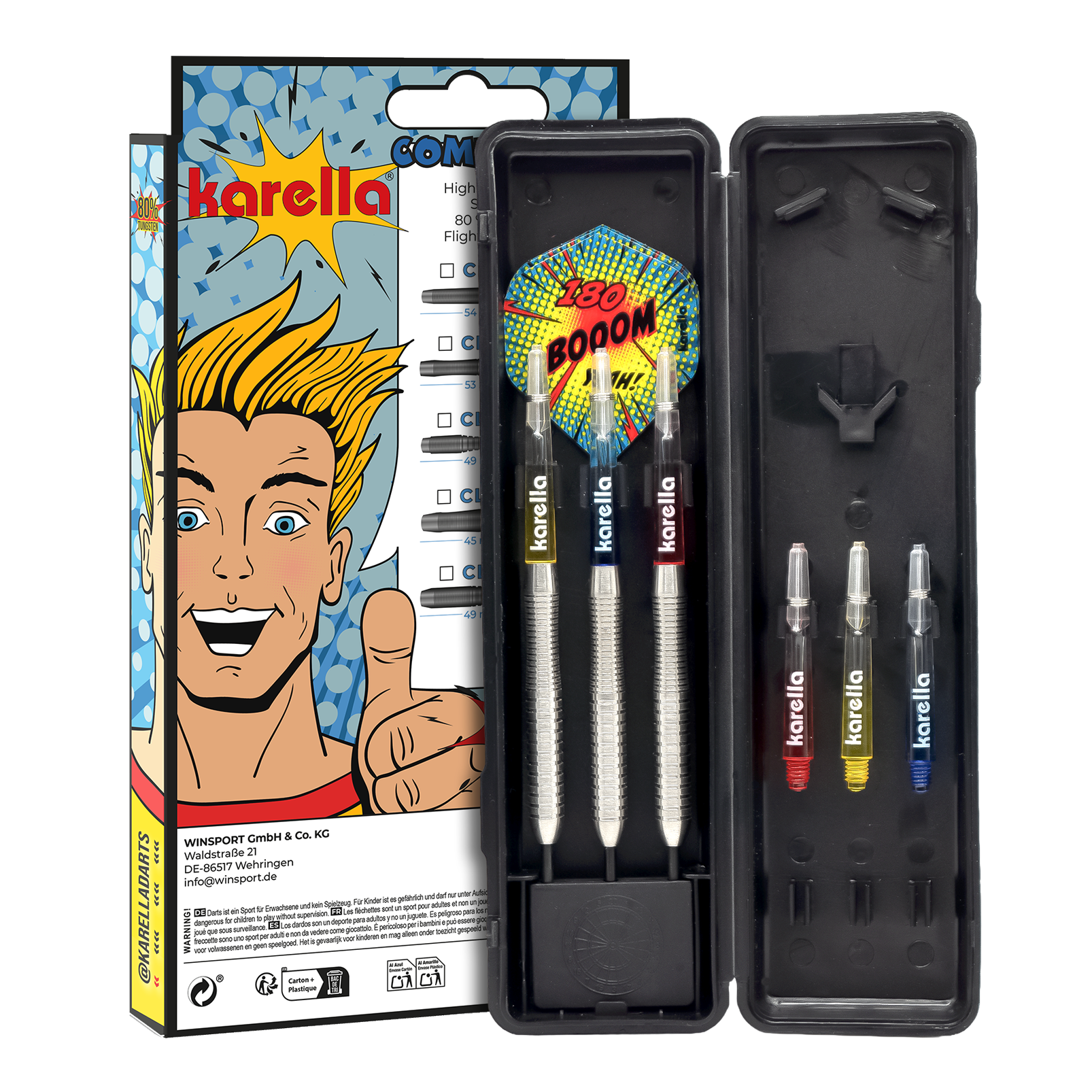 Karella Comic Line CL-2 Steeldarts - 23g Hier sind die Karella Comic Line CL-2 Steeldarts mit einem Gewicht von 23g abgebildet. Die Darts sind speziell für den Einsatz im Wettkampf gedacht.