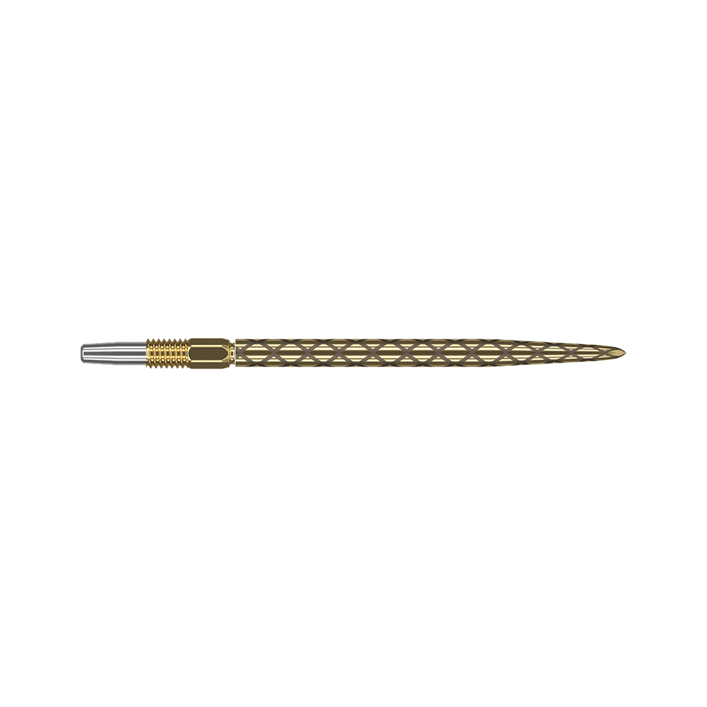Target Swiss Diamond Pro Gold Dartspitzen Dies ist eine goldfarbene Dartspitze mit einem rautenförmigen Muster. Die Spitze ist schlank und hat am hinteren Ende einen silbernen Anschluss.
