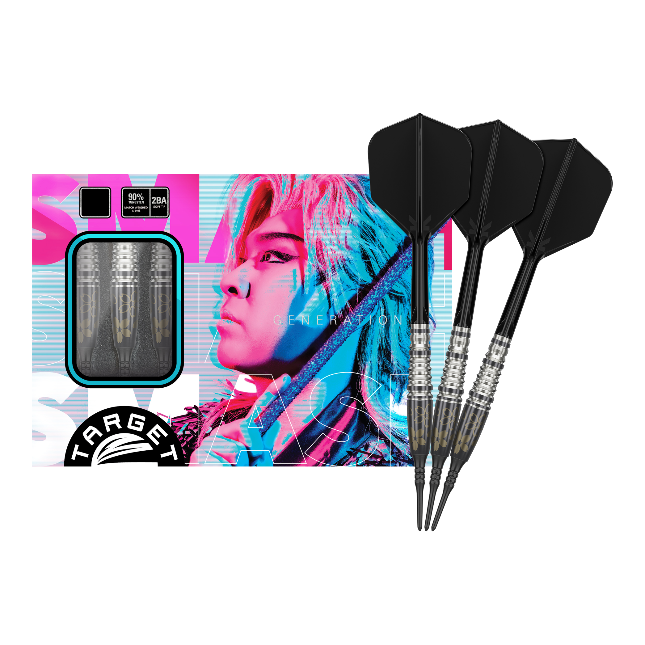 Das Bild zeigt eine Packung "Target Japan Junya Koikawa Charm Smash GEN3 Softdarts - 18g" mit drei Darts. Auf der Verpackung ist ein farbenfrohes Porträt abgebildet.