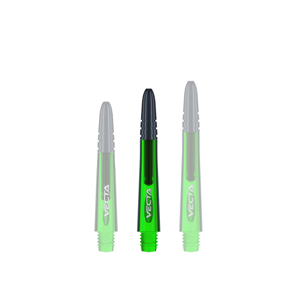 Auf dem Bild sind drei grüne Dartschäfte mit schwarzer Spitze zu sehen. Sie sind mit dem Schriftzug "VECTA" versehen und stehen nebeneinander.