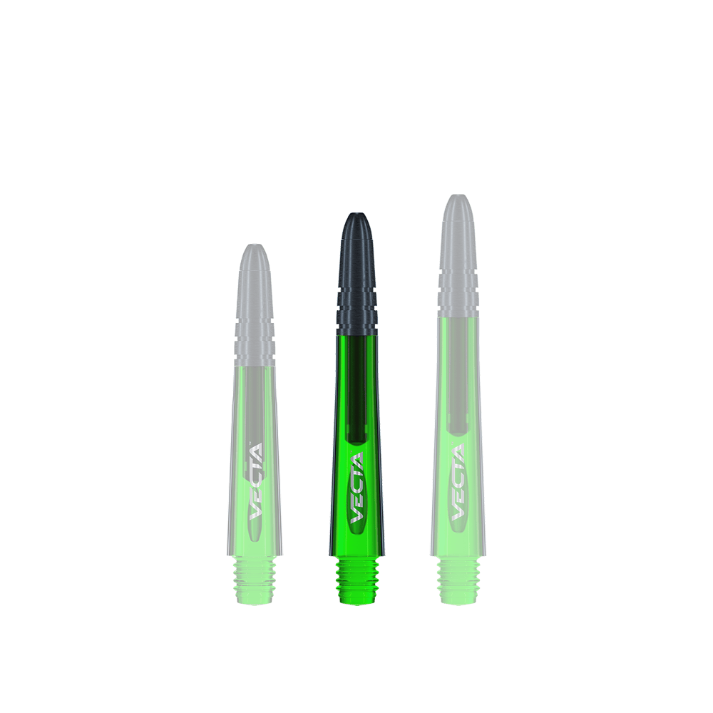 7025-404_Winmau_Vecta_Shafts_Gr-n_37mm_18g2MxfnLnLjFj Auf dem Bild sind drei grüne Dartschäfte mit schwarzer Spitze zu sehen. Sie sind mit dem Schriftzug "VECTA" versehen und stehen nebeneinander.