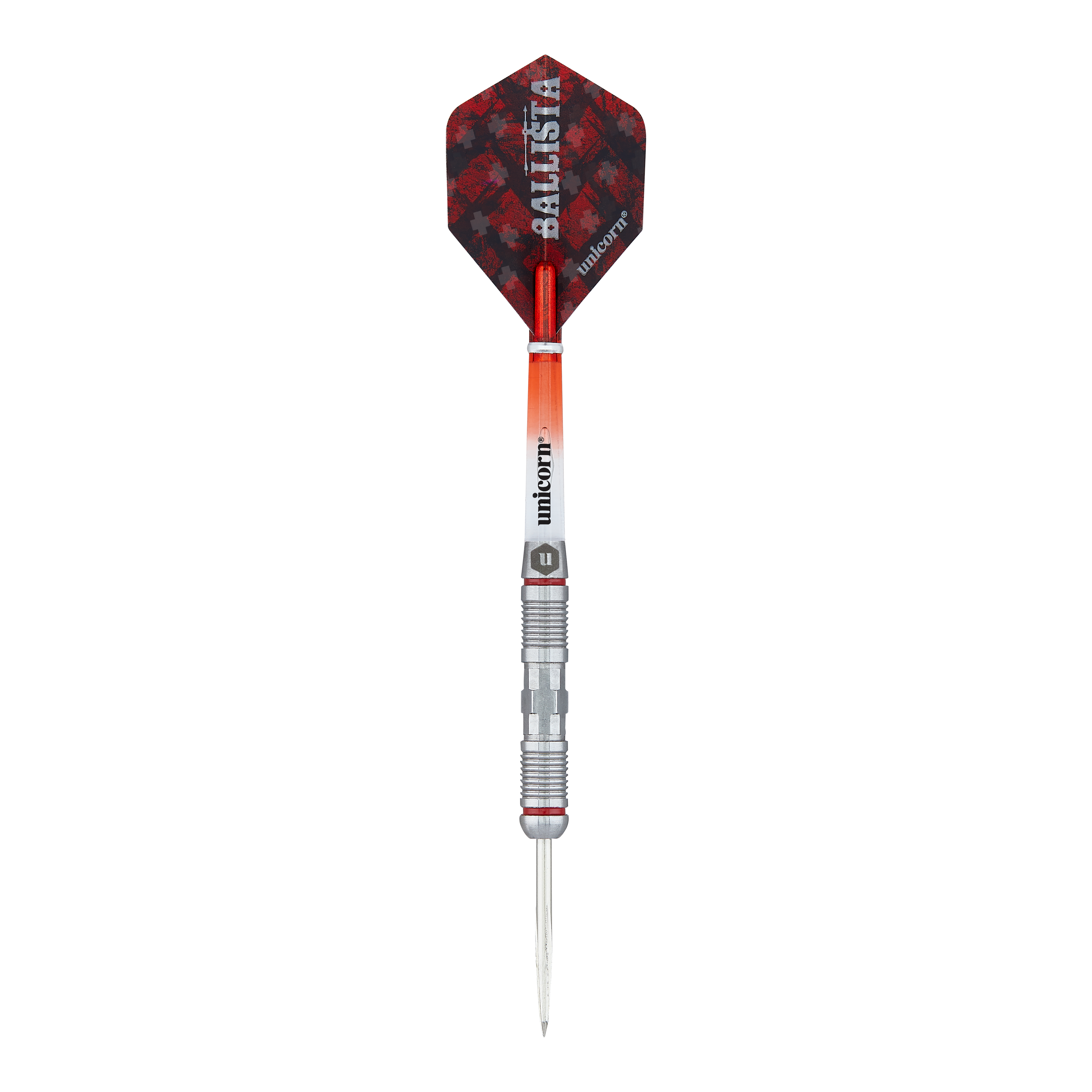 Unicorn Ballista Style 2 Steeldarts Das Bild zeigt einen Steeldart namens "Unicorn Ballista Style 2". Der Dart hat einen rot-schwarzen Flight und einen silbernen Schaft mit auffälligen Rillen.