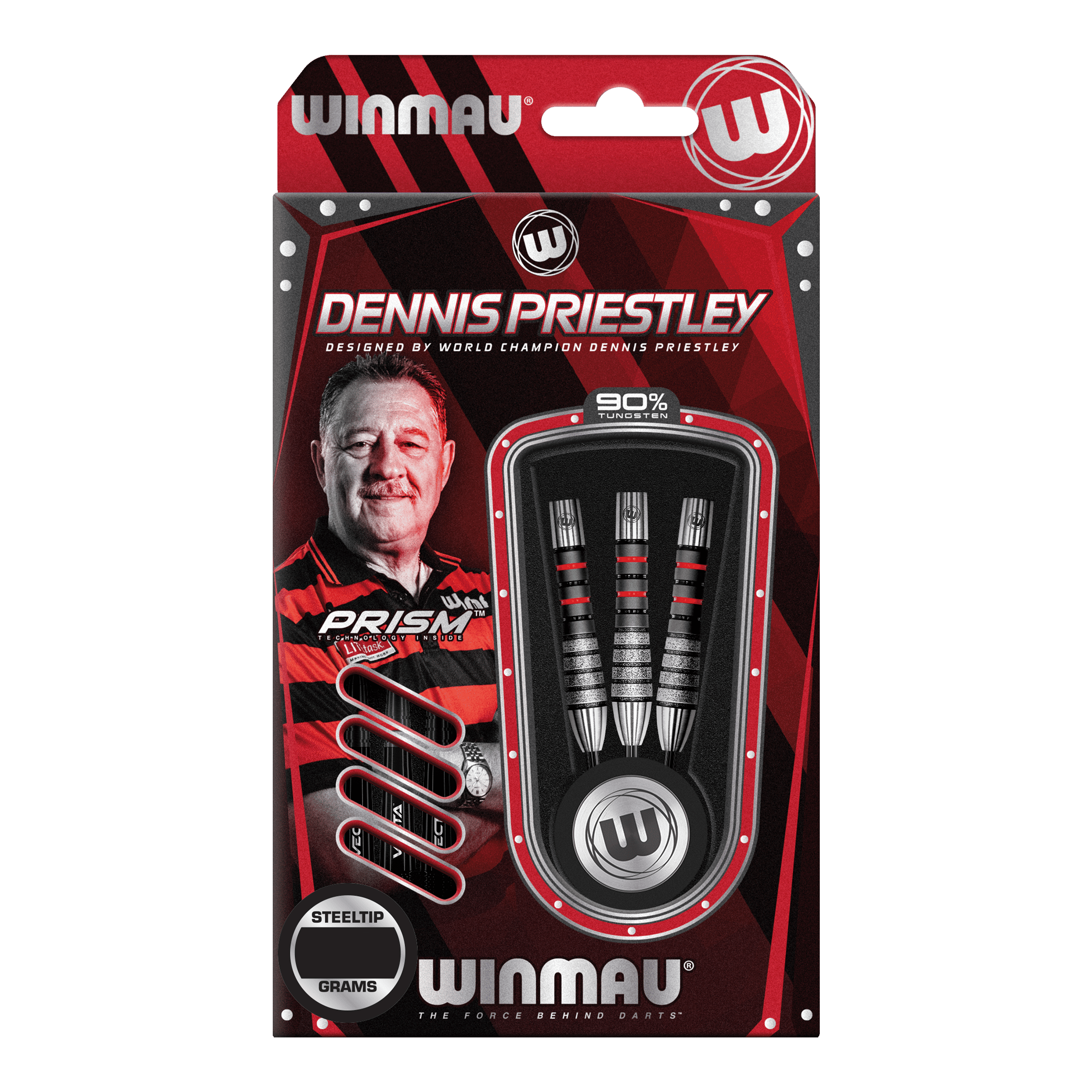 Das Bild zeigt die Verpackung der Winmau Dennis Priestley Diamond 3-Zero Steeldarts. In der Packung sind drei hochwertige Steeldarts aus 90% Tungsten zu sehen.