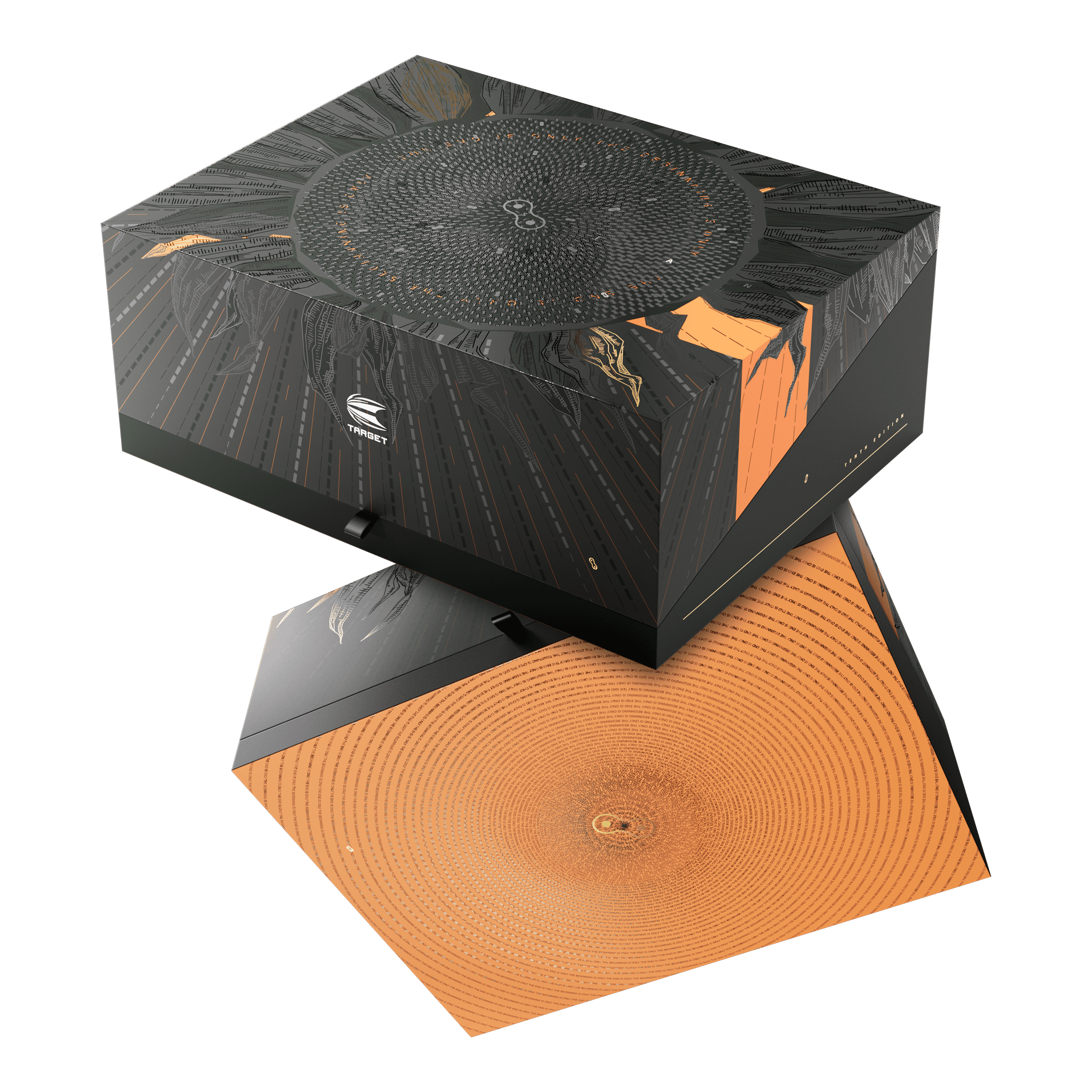 Die Abbildung zeigt die Verpackung der "Target Elysian 10 Limited Edition Softdarts - 20g". Die Schachtel ist aufwendig gestaltet und kombiniert schwarze und orangefarbene Muster.
