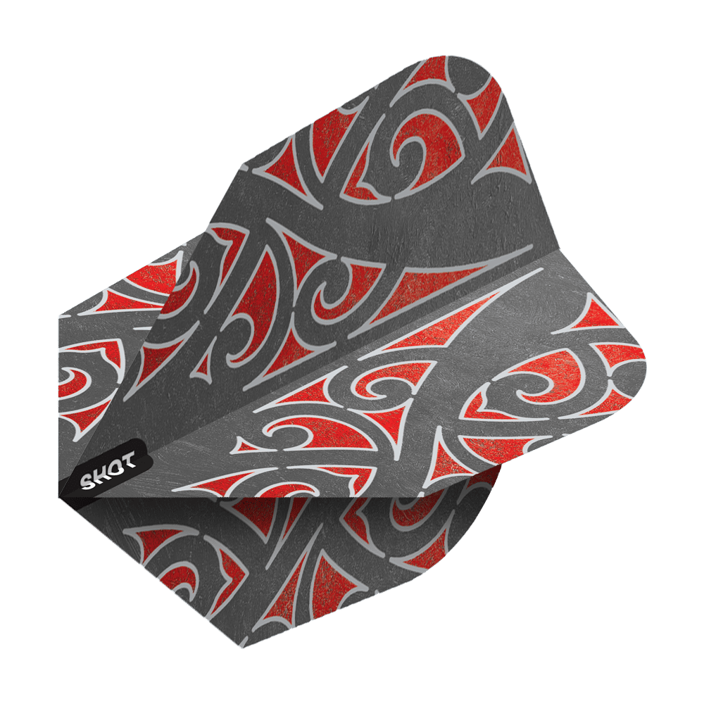 Das Bild zeigt ein Dartflight-Produkt namens "Shot Warrior Awe No6 Flights". Das Flight hat ein graues Design mit roten und weißen Tribalmustern.
