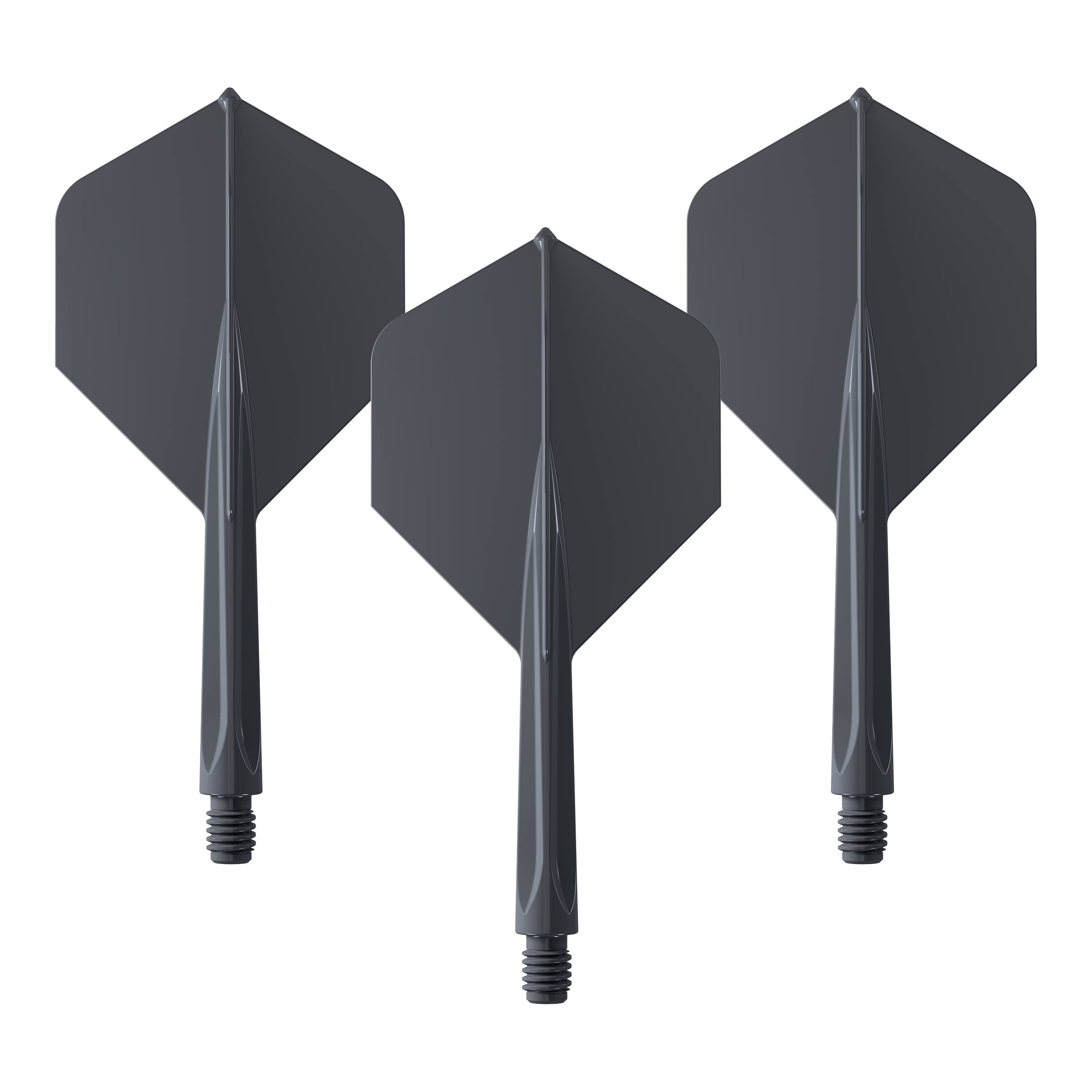 Das Bild zeigt drei schwarze Dartflights mit integriertem Schaft in mittlerer Größe. Es handelt sich um das Produkt "Unicorn Forge All In One Plus No2 Standard Flights Schwarz - Medium".