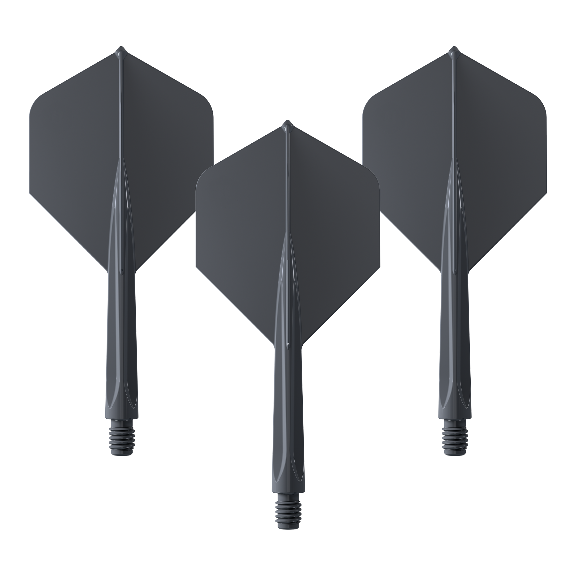 Unicorn Forge All In One Plus No2 Standard Flights Schwarz - Medium Das Bild zeigt drei schwarze Dartflights mit integriertem Schaft in mittlerer Größe. Es handelt sich um das Produkt "Unicorn Forge All In One Plus No2 Standard Flights Schwarz - Medium".