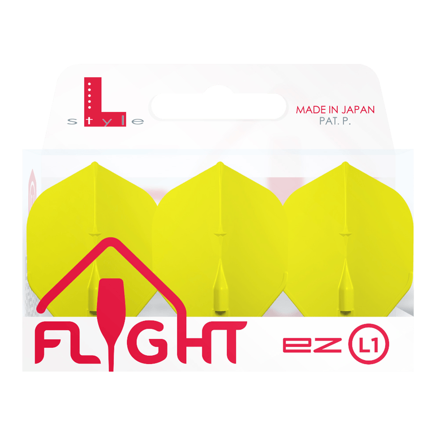 L-Style Champagne L1EZ Standard Flights Das Bild zeigt eine Packung mit drei gelben L-Style Champagne L1EZ Standard Flights. Die Verpackung ist weiß mit roter und grauer Schrift und wurde in Japan hergestellt.