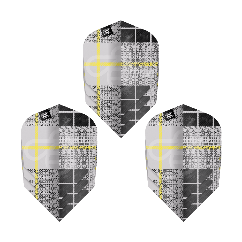 Target Pro Ultra Scott Williams GEN2 No6 Flights - 3 Sets Das Bild zeigt drei Sets der Target Pro Ultra Scott Williams GEN2 No6 Flights. Die Flights sind in einem modernen Design mit Schwarz, Weiß und Gelb gehalten.