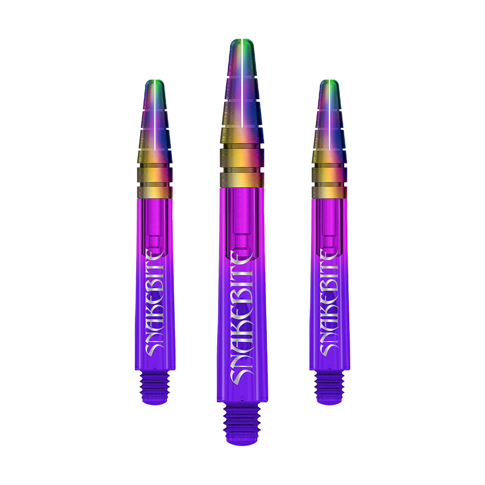 Das Bild zeigt drei farbenfrohe Dartschäfte in Lila mit dem Aufdruck "Snakebite". Die Schäfte haben einen schimmernden, regenbogenfarbenen oberen Bereich.