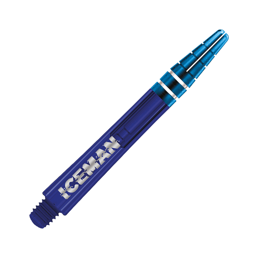 Dies ist ein blauer Dart-Schaft mit der Aufschrift "ICEMAN". Der Schaft hat zwei silberne Ringe am oberen Ende.