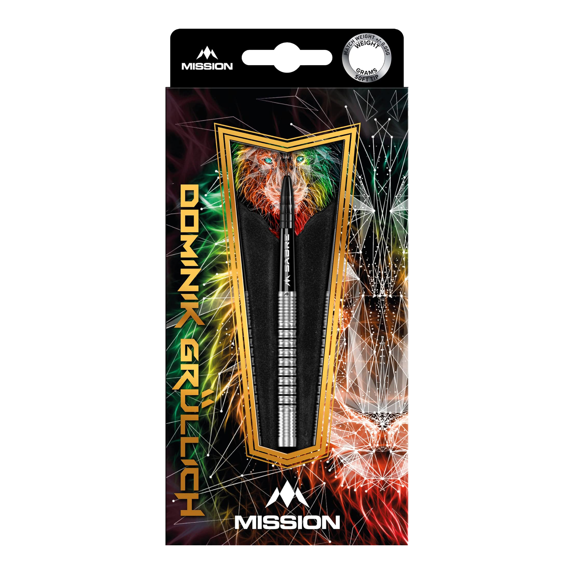 Mission Dominik Grüllich Steeldarts Die Abbildung zeigt die Verpackung der "Mission Dominik Grüllich Steeldarts - 23,5g". Die Verpackung ist bunt gestaltet und zeigt einen einzelnen Dartpfeil in der Mitte.