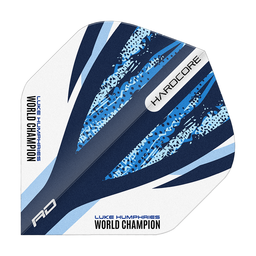 Das Bild zeigt ein Dart Flight in Weiß und Blau mit dynamischen Mustern. Auf dem Flight stehen die Worte „LUKE HUMPHRIES WORLD CHAMPION“ und „HARDCORE“.