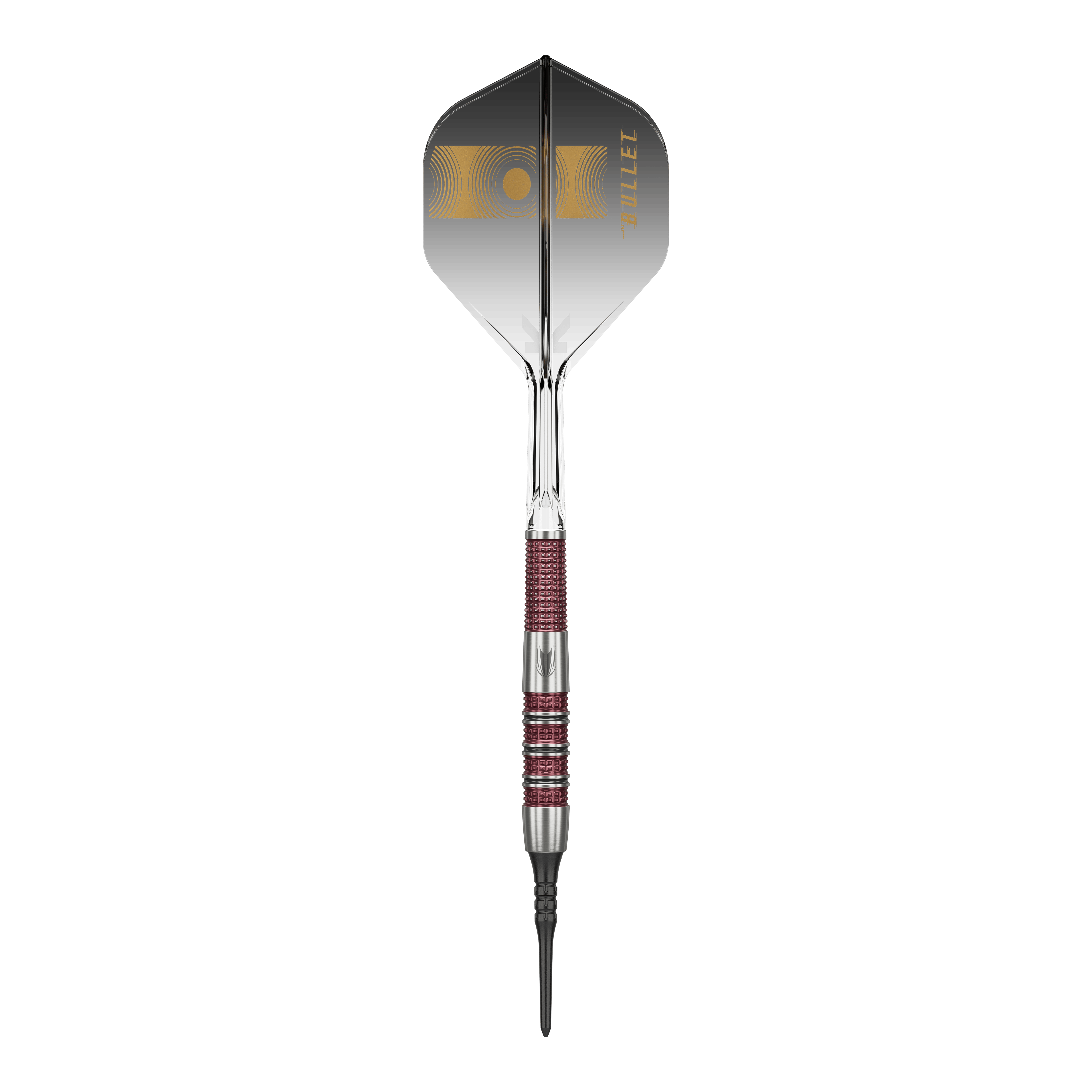 Target Stephen Bunting 95K Softdarts - 19g Das Bild zeigt einen Target Stephen Bunting 95K Softdart mit einem Gewicht von 19 Gramm. Der Dart hat ein elegantes schwarzes und silbernes Design mit roten Griffbereichen und einer schwarzen Flight mit goldenen Akzenten.