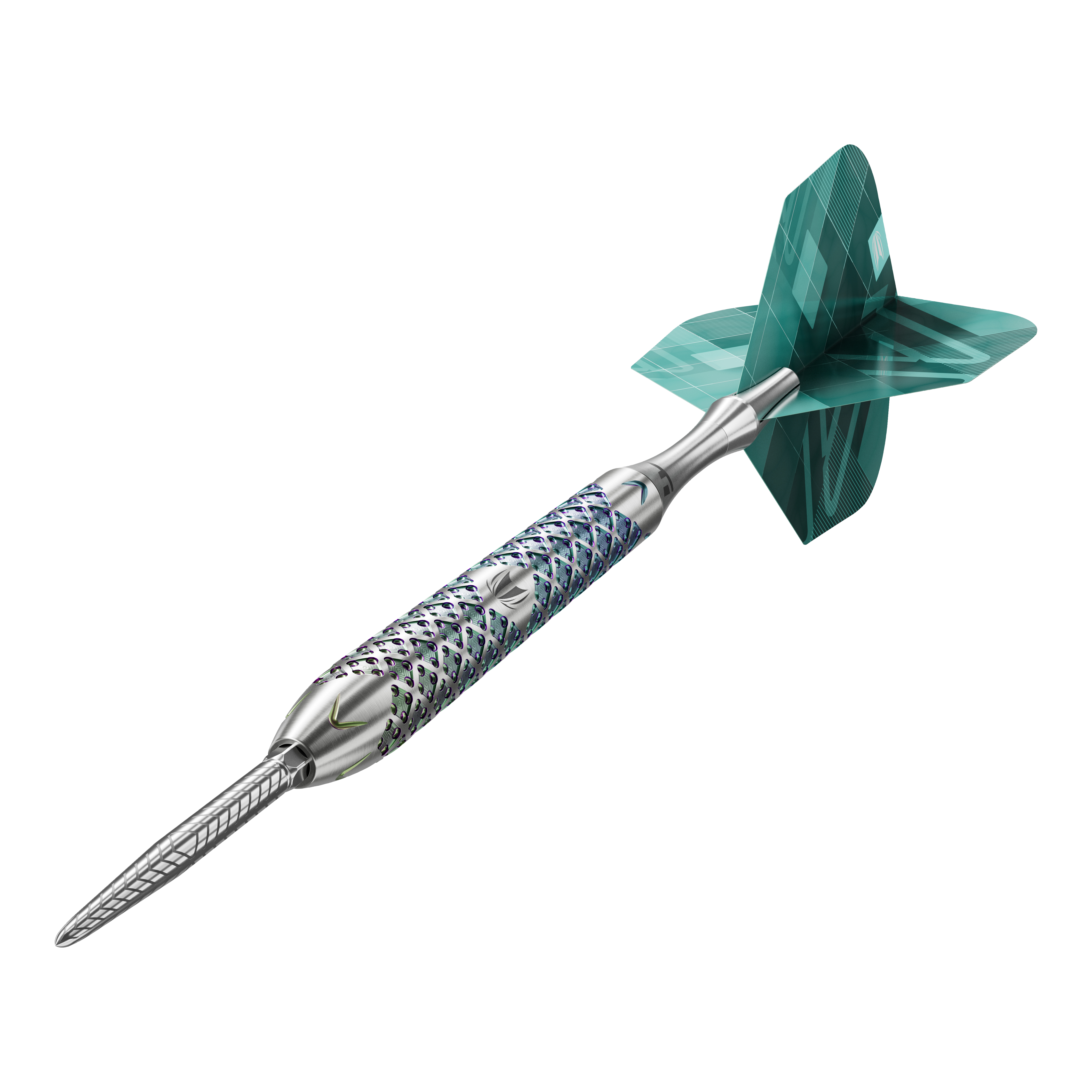 Target Rove 03 Swiss Point Steeldarts Das Bild zeigt den Target Rove 03 Swiss Point Steeldart. Der Dart hat einen silbernen, strukturierten Schaft und grüne Flights.