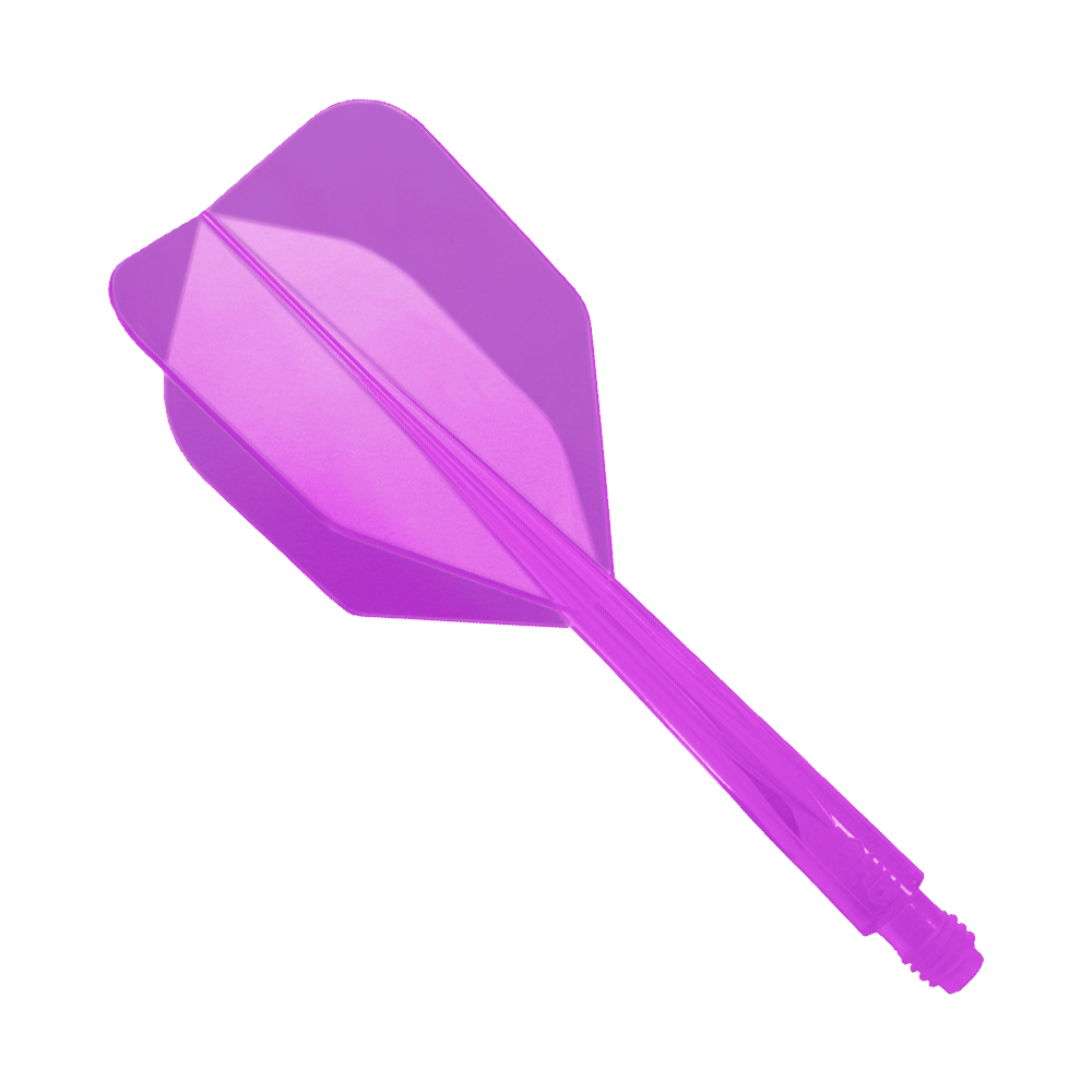 Das Bild zeigt ein lilafarbenes Dart-Flightsystem mit integriertem Schaft. Es handelt sich um das Modell "Condor Axe Purple Flight-System Small - XL - 37,5 mm".