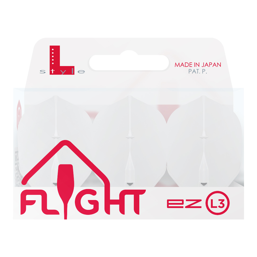 L-Style L3EZ Flights Auf dem Bild ist eine Verpackung von L-Style Flights für Darts zu sehen. Die Verpackung ist weiß und enthält drei Flights des Typs EZ L3, hergestellt in Japan.
