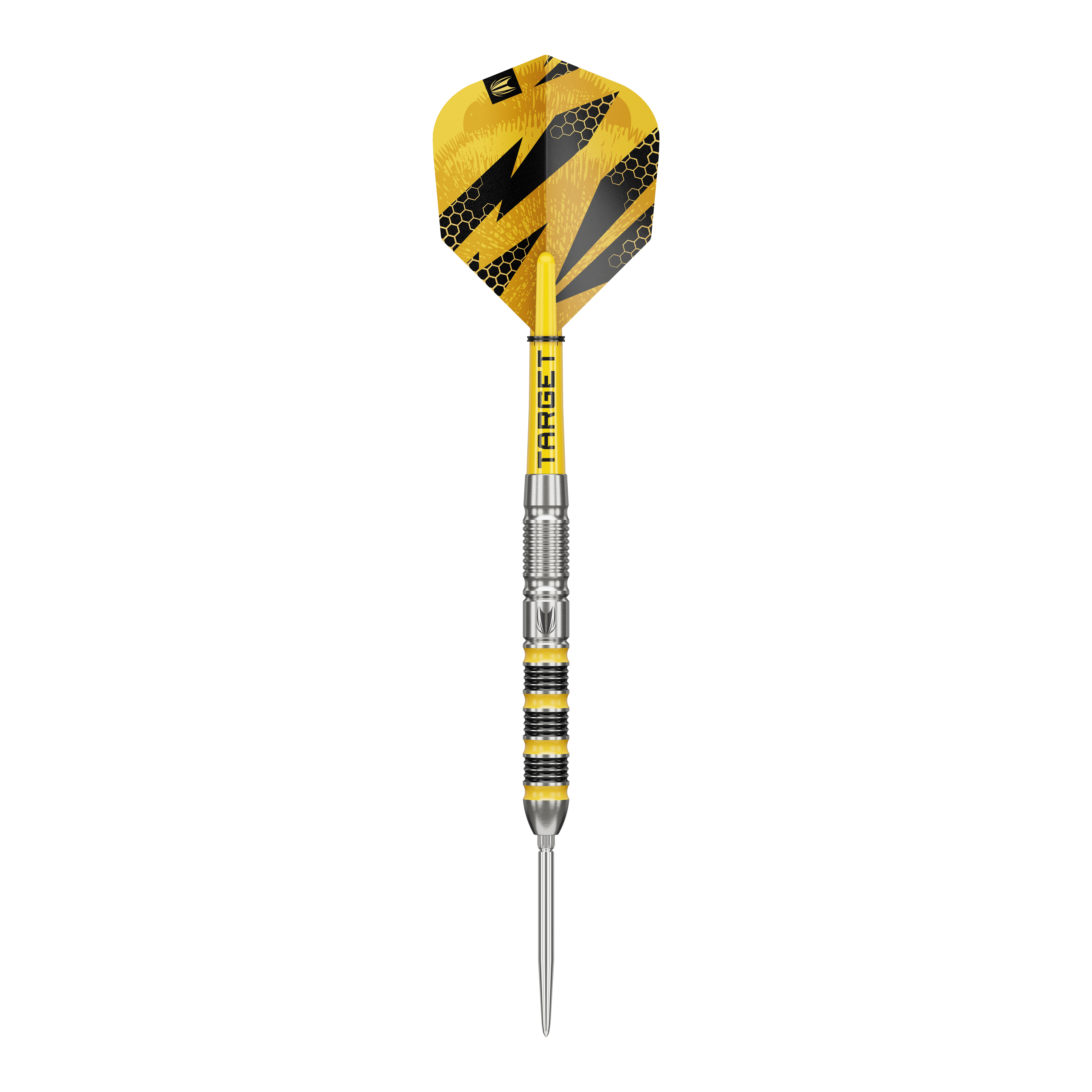 Das Bild zeigt Target Buzz 01 Swiss Points Steeldarts. Es handelt sich um hochwertige Steeldarts für Präzisionswürfe.