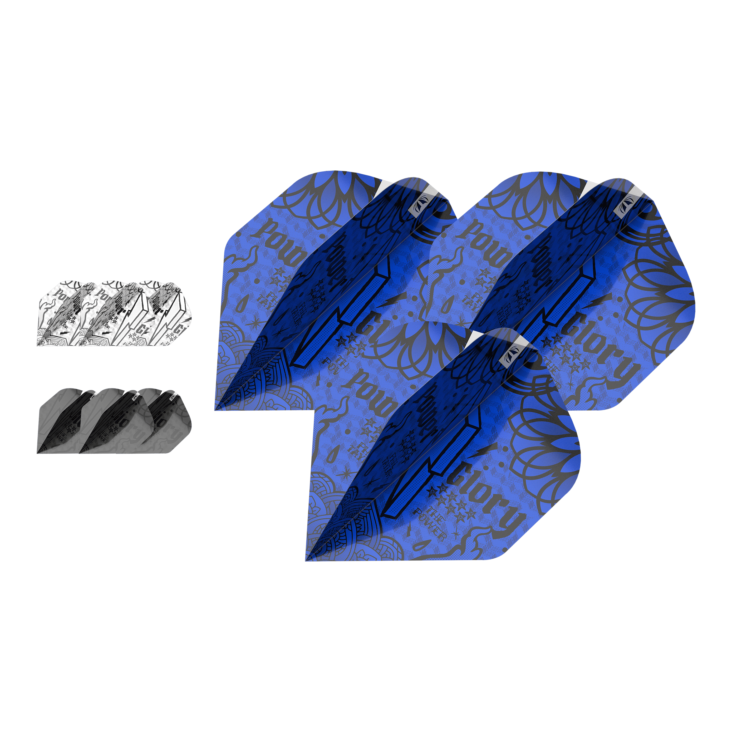 Das Bild zeigt das Produkt „Target Ink Bundle 3 Sets Power No2 Standard Flights.“ Es enthält drei verschiedenfarbige Sets von Dartflights mit auffälligen Mustern, darunter Blau, Schwarz und Weiß.