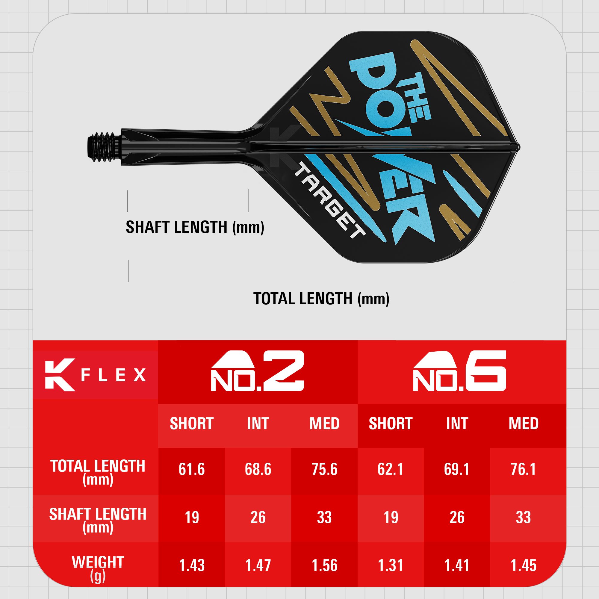 Target K-Flex Phil Taylor No2 Standard Flight-Shaft-System Das Bild zeigt das Produkt „Target K-Flex Phil Taylor No2 Standard Flights“ mit einer grafischen Darstellung und Maßen. Unten sind Tabellen mit Längen- und Gewichtsangaben für verschiedene Größen des Produkts abgebildet.