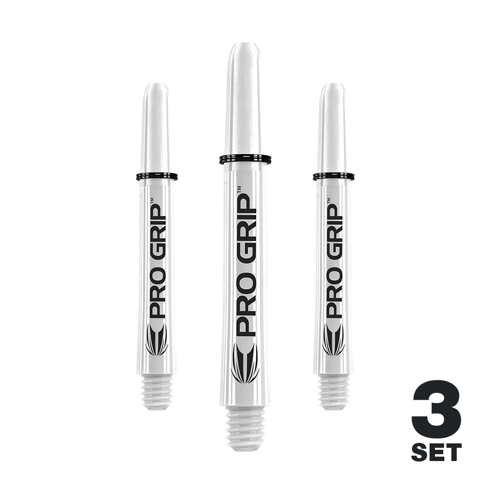 Target Pro Grip Shafts - 3 Sets - Weiß Das Bild zeigt drei weiße "Pro Grip" Shafts für Dartpfeile. In der unteren rechten Ecke steht "3 SET".