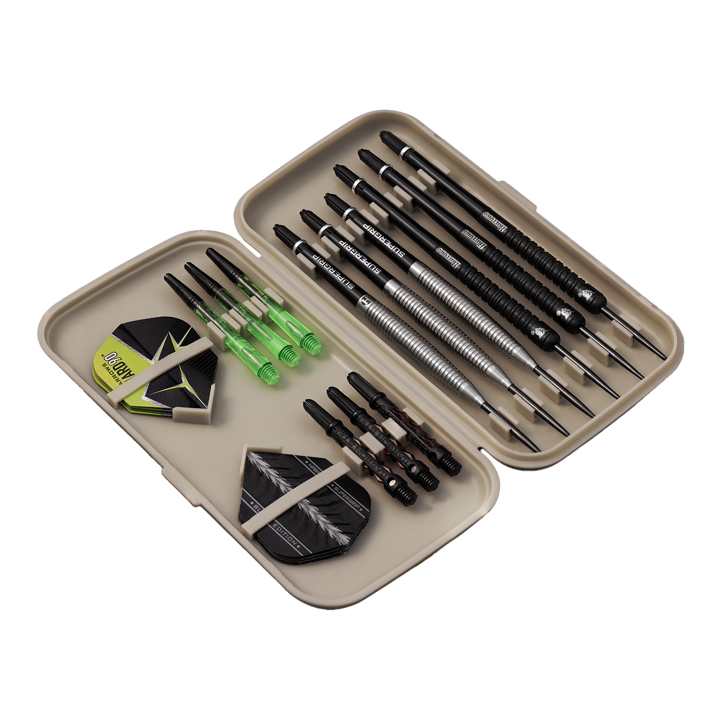 Harrows Slimcase Darttasche Die Abbildung zeigt ein geöffnetes Etui mit mehreren Darts, Ersatzflights und Shafts. Die Darts und Zubehörteile sind ordentlich in dem hellgrauen Slimcase sortiert.