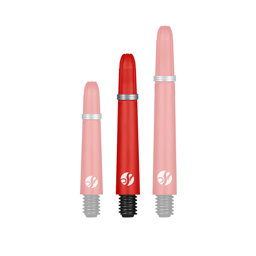 Shot Koi Carbon Shafts - Rot Das Bild zeigt drei rote Dartschafts in unterschiedlichen Längen. Sie haben schwarze Gewinde und Silberringe zur Befestigung.