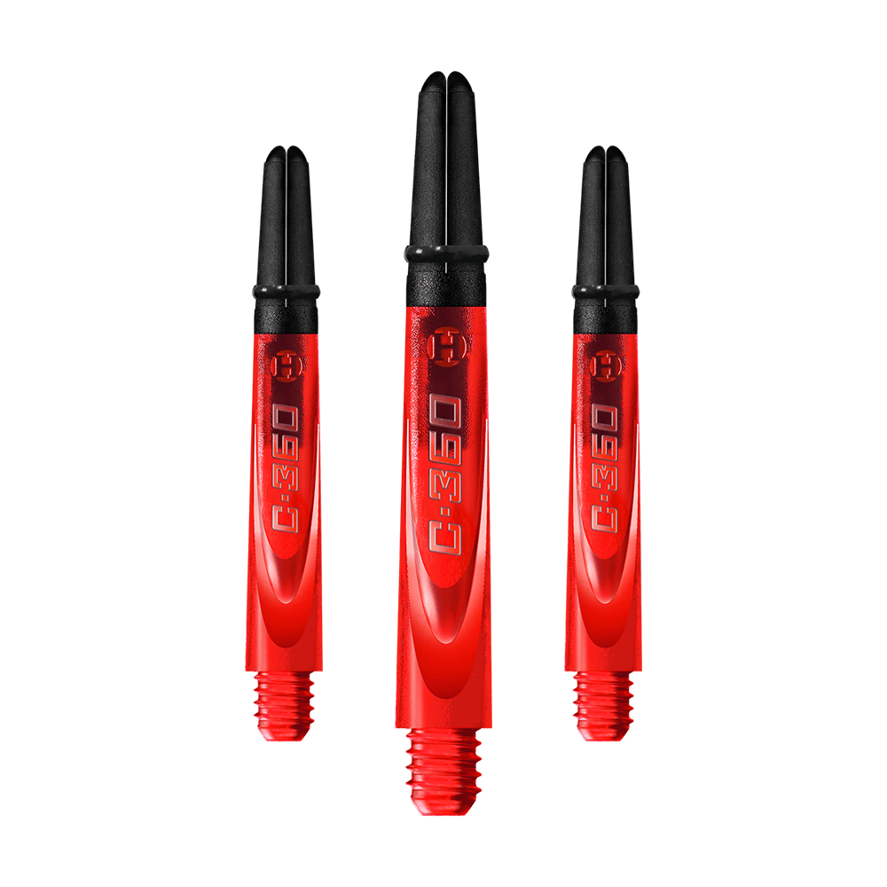 HR456_Harrows_Carbon_360_Shafts_Rot_42mm_1AeAfK0jniI4kJ Auf dem Bild sind drei rote Dartschäfte mit schwarzem oberen Teil zu sehen. Auf jedem Schaft steht in silberner Schrift "C:360".