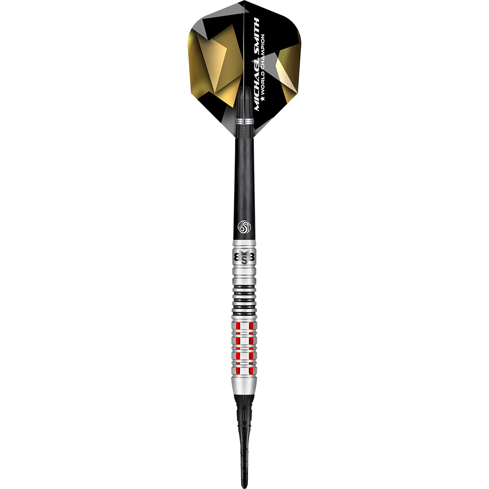 Shot Michael Smith Believe Softdarts Das Bild zeigt den Softdart „Shot Michael Smith Believe“. Der Dart hat ein schwarzes Flight mit goldenen Akzenten und eine silberne Spitze mit roten Ringen.