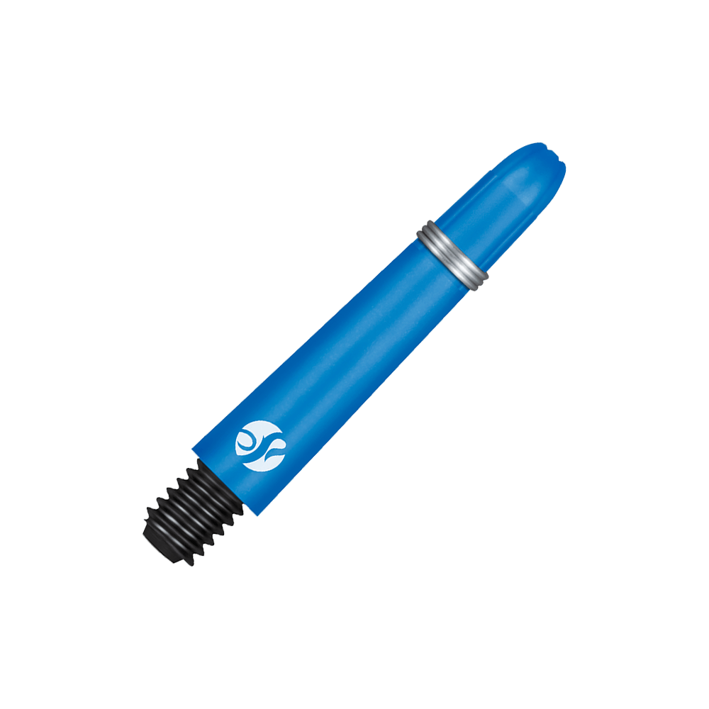 Shot Koi Carbon Shafts - Blau Das Bild zeigt einen blauen Carbon-Schaft mit einem schwarzen Gewinde und einem silbernen Ring. Es handelt sich um einen Ersatzschaft für einen Dartpfeil.