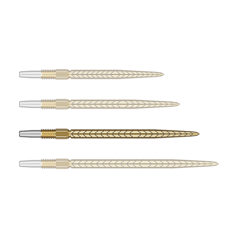 Target Swiss Point RVE Dartspitzen - Gold Auf dem Bild sind vier goldene Dartspitzen mit einem Muster zu sehen. Sie liegen parallel nebeneinander auf einem grünen Hintergrund.
