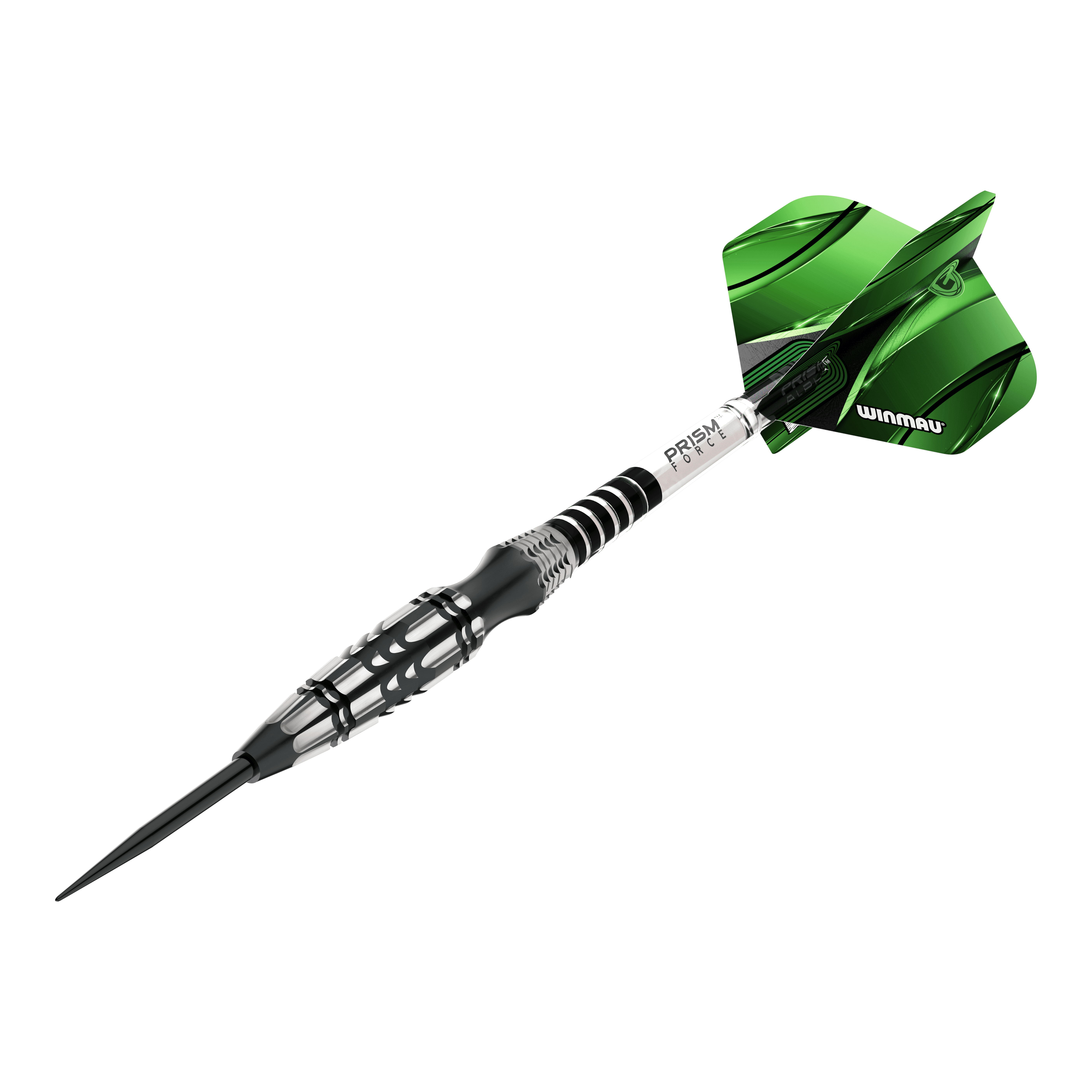 Das Bild zeigt einen Winmau Sniper Special Edition V2 Steeldart. Der Dart hat ein modernes Design mit einem schwarzen und silbernen Schaft sowie grünen Flights.