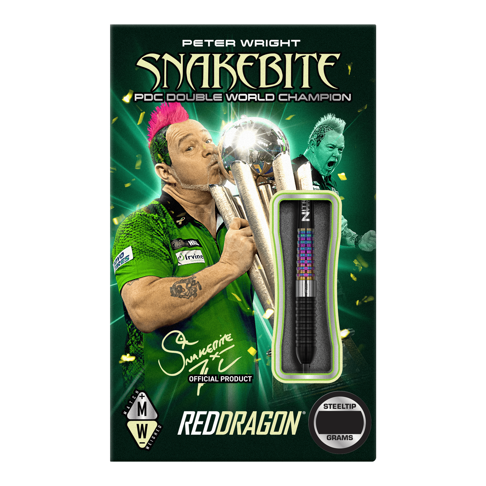 Red Dragon Peter Wright Corra Steeldarts Das Bild zeigt die Verpackung der "Red Dragon Peter Wright Corra Steeldarts". Auf der Verpackung ist Peter Wright mit einer Trophäe sowie ein Dartpfeil abgebildet.