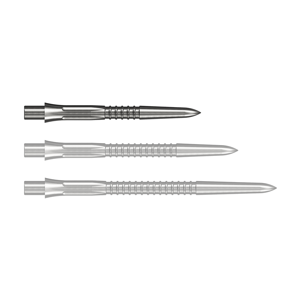 Mission Caliburn EVO Dartspitzen GV1 - Silber Das Bild zeigt Steeldartspitzen in Silber mit einer Länge von 26 mm. Einzelne Spitzen sind gut erkennbar dargestellt.