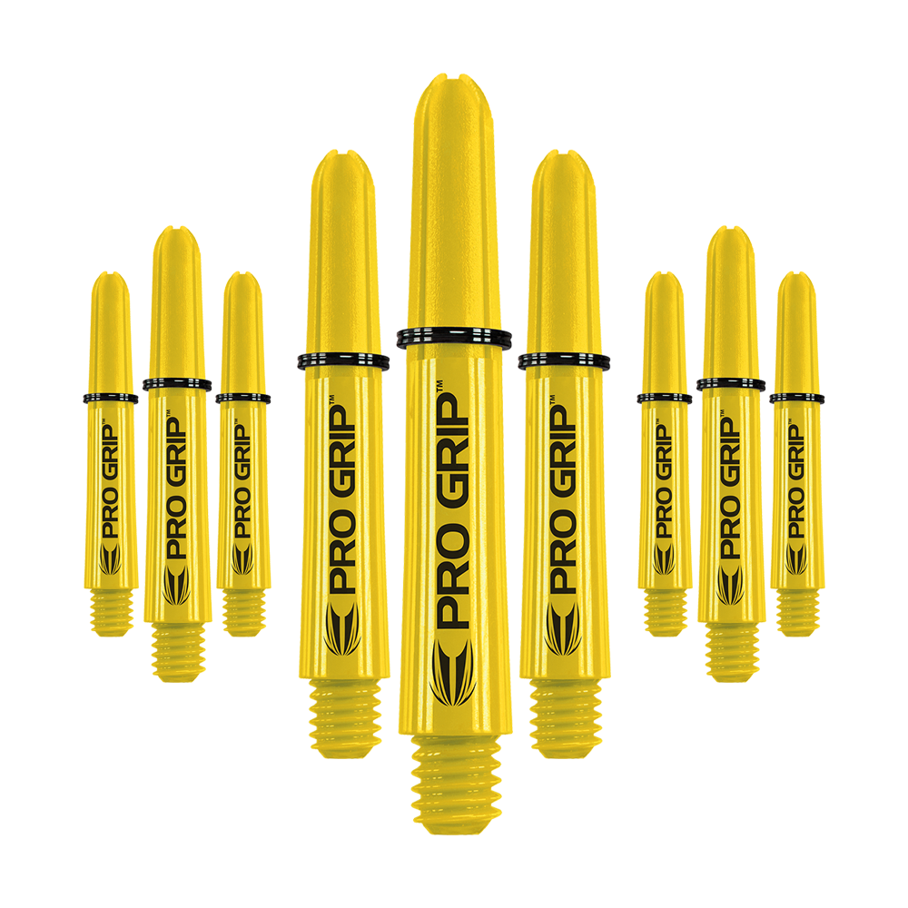 Auf dem Bild sind mehrere gelbe Dartschäfte mit der Aufschrift "PRO GRIP" zu sehen. Sie sind gleichmäßig in drei Reihen angeordnet und haben ein schwarzes Ringdetail.