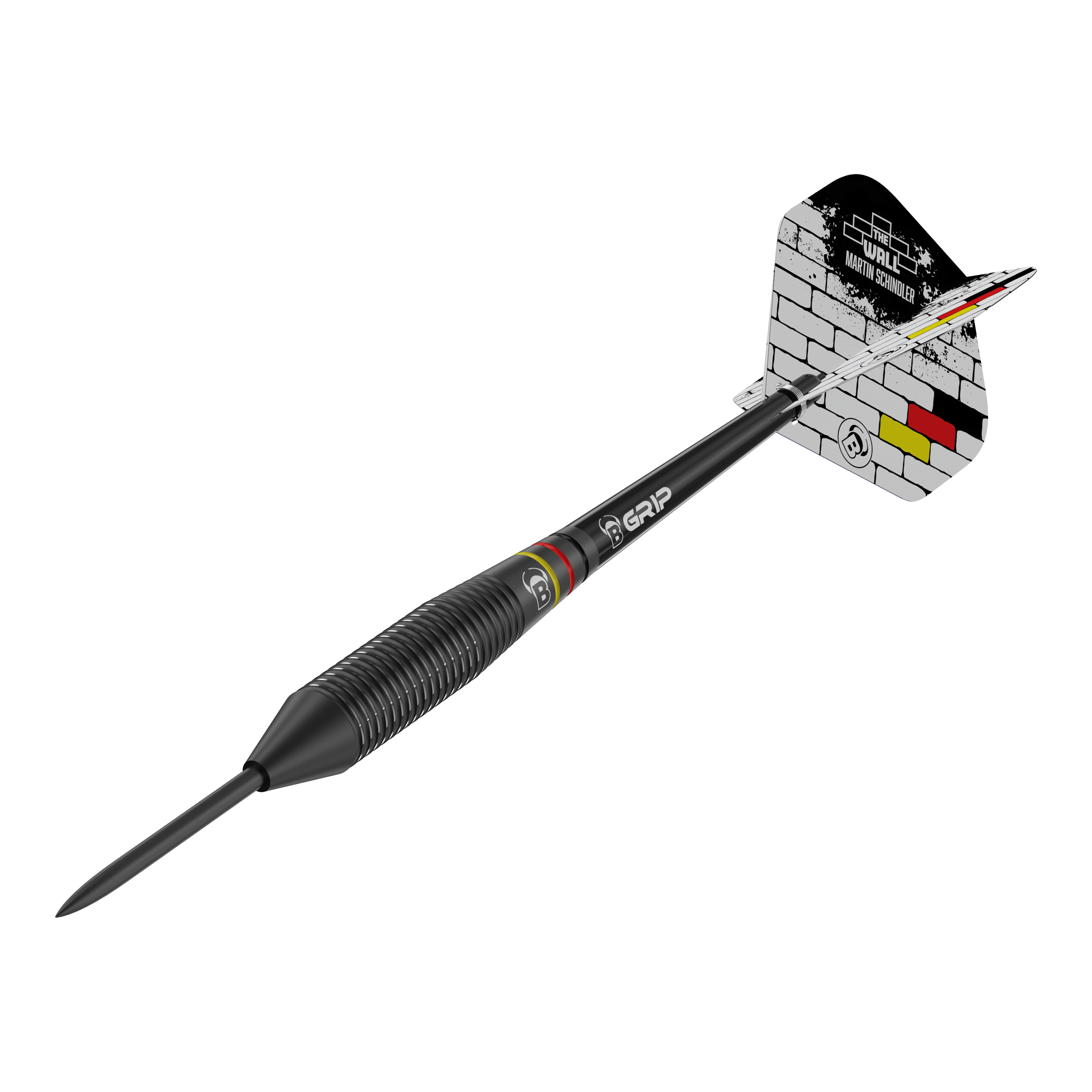 Der abgebildete Dartpfeil ist der "Bulls Martin Schindler The Wall Black Brass Steeldart" mit schwarzem Griff. Die Flights zeigen ein Mauer-Design mit Schriftzug und Farbdetails in Schwarz, Rot und Gelb.