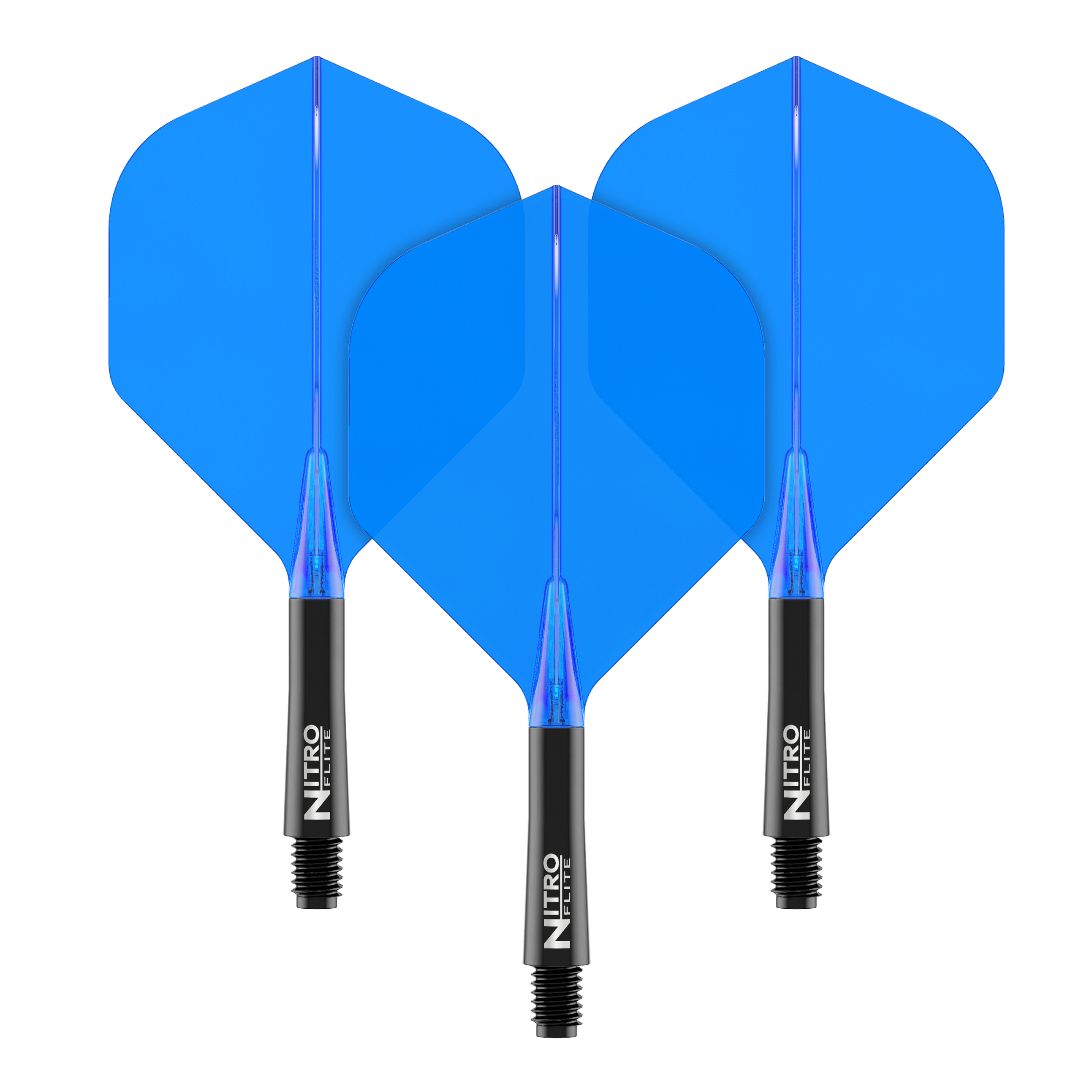 Red Dragon Nitroflite - Black Shaft Blue No2 Flights Das Bild zeigt drei blaue Dart-Flights mit schwarzen Schäften. Auf den Schäften steht der Schriftzug "Nitro Flite".