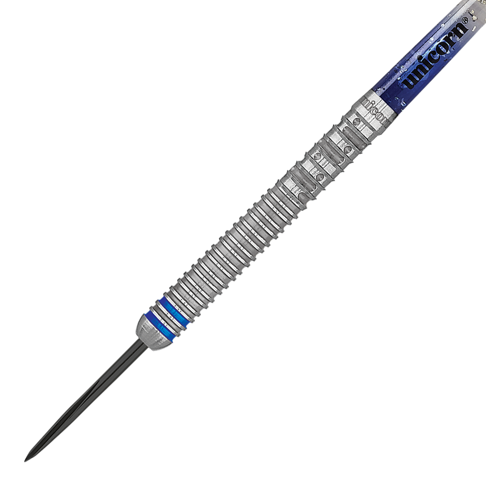 Das Bild zeigt einen steeldart mit silbernem, gerilltem Griff und einer blauen Verzierung. Auf dem oberen Teil des Darts steht der Markenname "Unicorn".