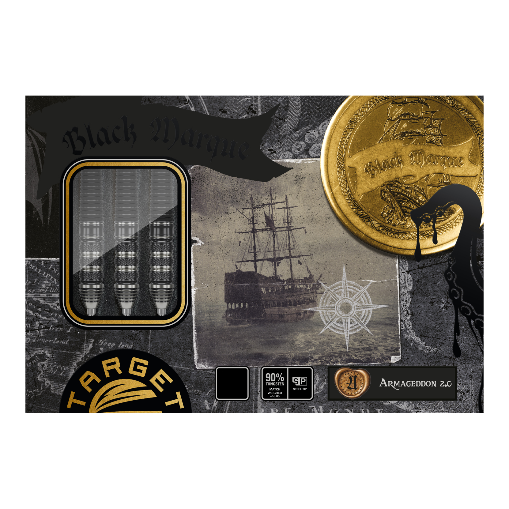 Das Bild zeigt die Verpackung der "Target Japan Black Marque Armageddon GEN2 Swiss Point Steeldarts". Auf der Verpackung sind drei Darts, ein altes Segelschiff und goldene Münzen abgebildet.