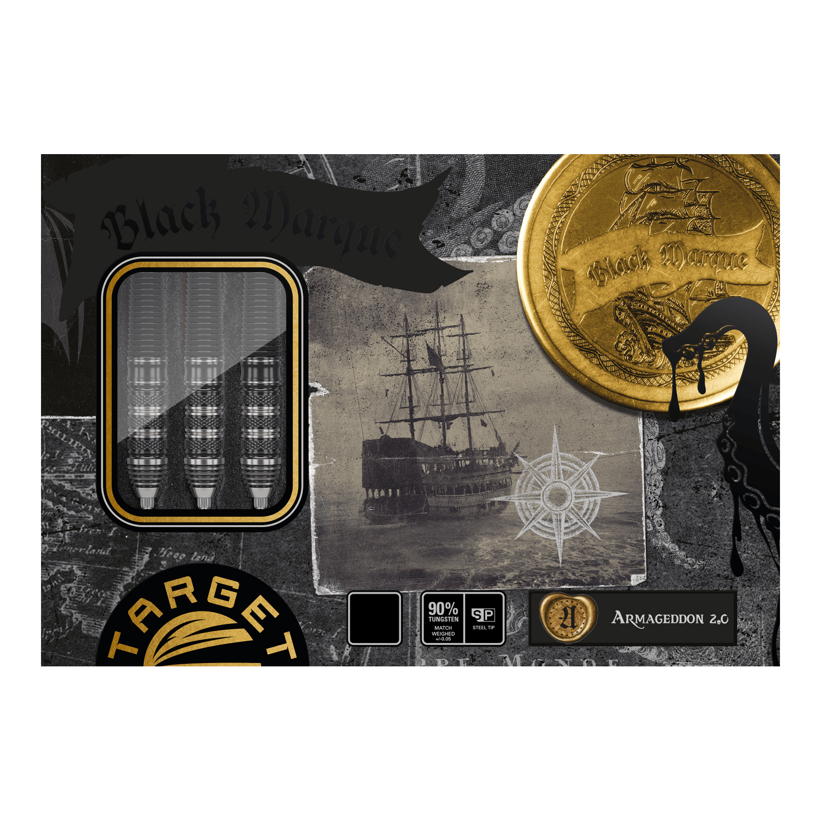 Target Japan Black Marque Armageddon GEN2 Swiss Point Steeldarts Das Bild zeigt die Verpackung der "Target Japan Black Marque Armageddon GEN2 Swiss Point Steeldarts". Auf der Verpackung sind drei Darts, ein altes Segelschiff und goldene Münzen abgebildet.