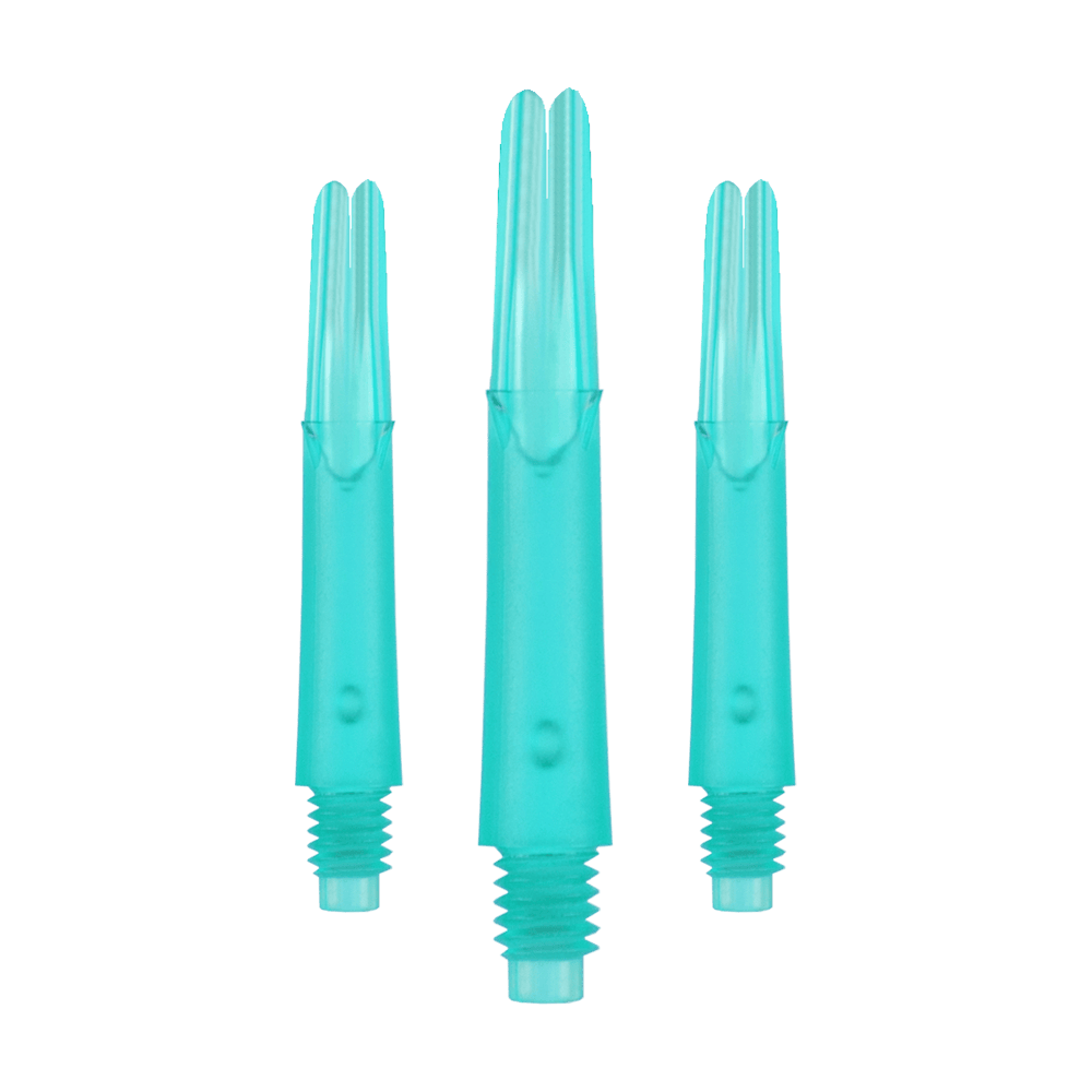 L-Style L-Shafts Locked Straight - Emerald 190 Das Bild zeigt drei türkisfarbene Dartshafts aus Kunststoff in einer Reihe. Sie haben ein gerades Design und sind unten mit einem Gewinde versehen.