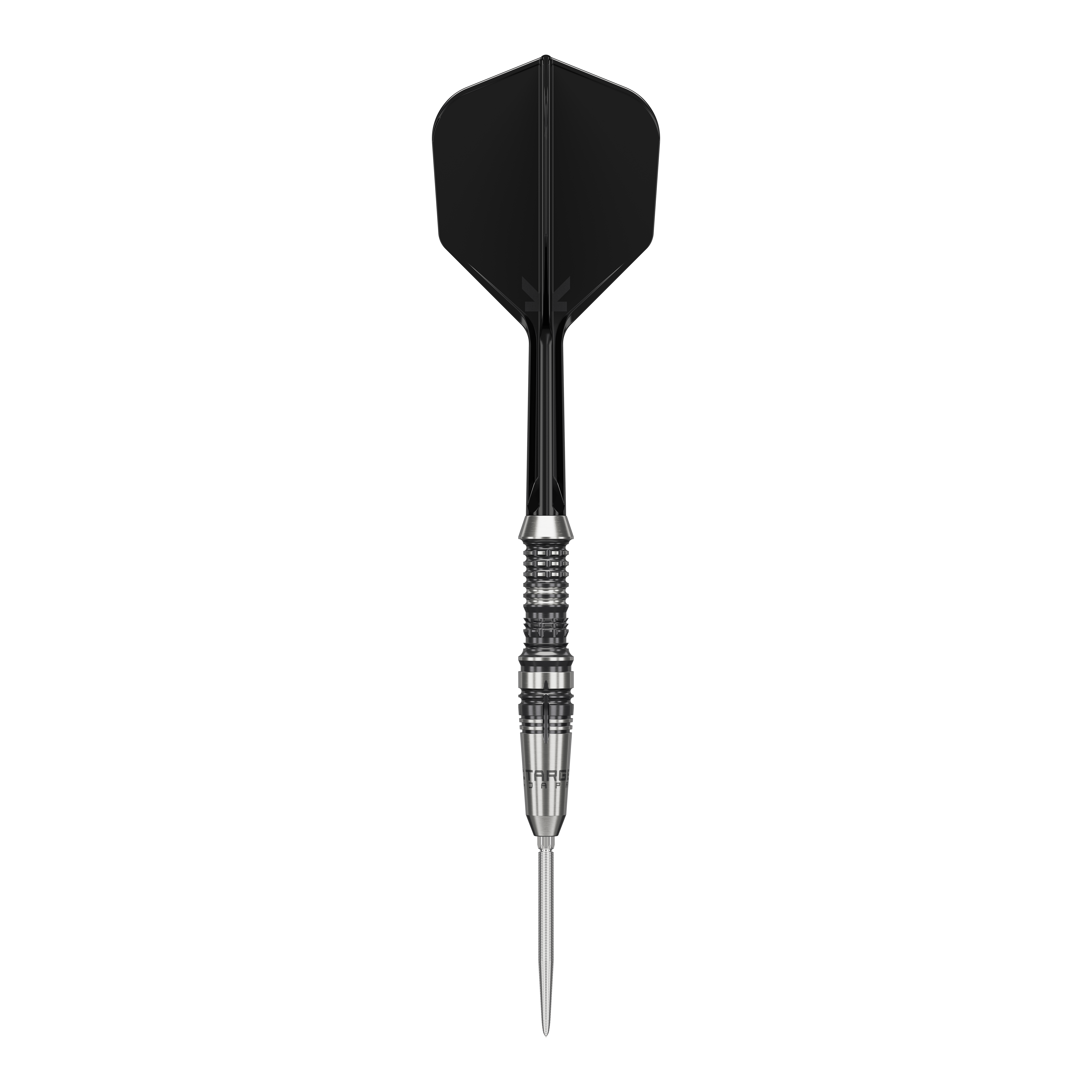 Dieses Bild zeigt einen Target Japan Black Marque Heracles Steeldart. Der Dart hat eine schwarze Flight und einen silbernen, gerillten Barrel.