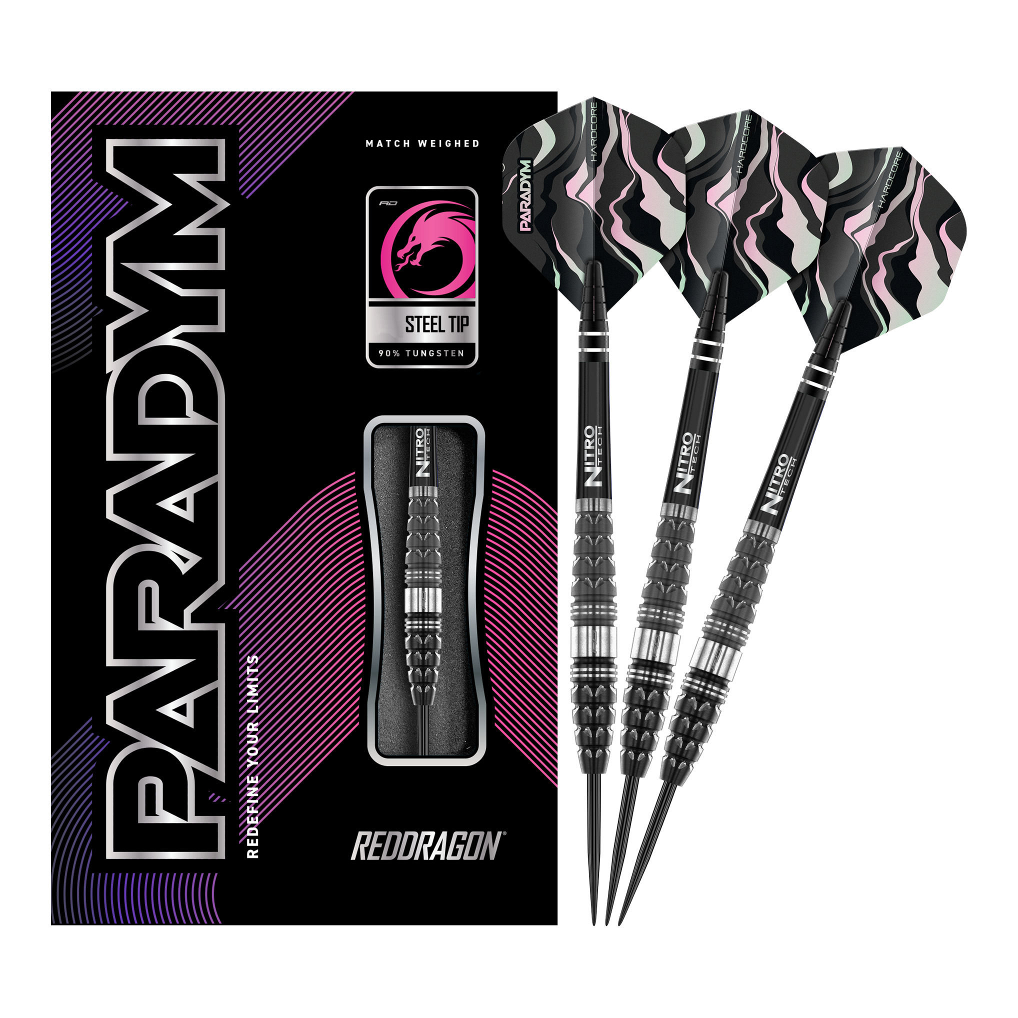 Red Dragon Paradym Torpedo Steeldarts Das Bild zeigt die Red Dragon Paradym Torpedo Steeldarts zusammen mit ihrer Verpackung. Die Darts haben ein schwarz-silbernes Design und sind für Präzision und Langlebigkeit bekannt.