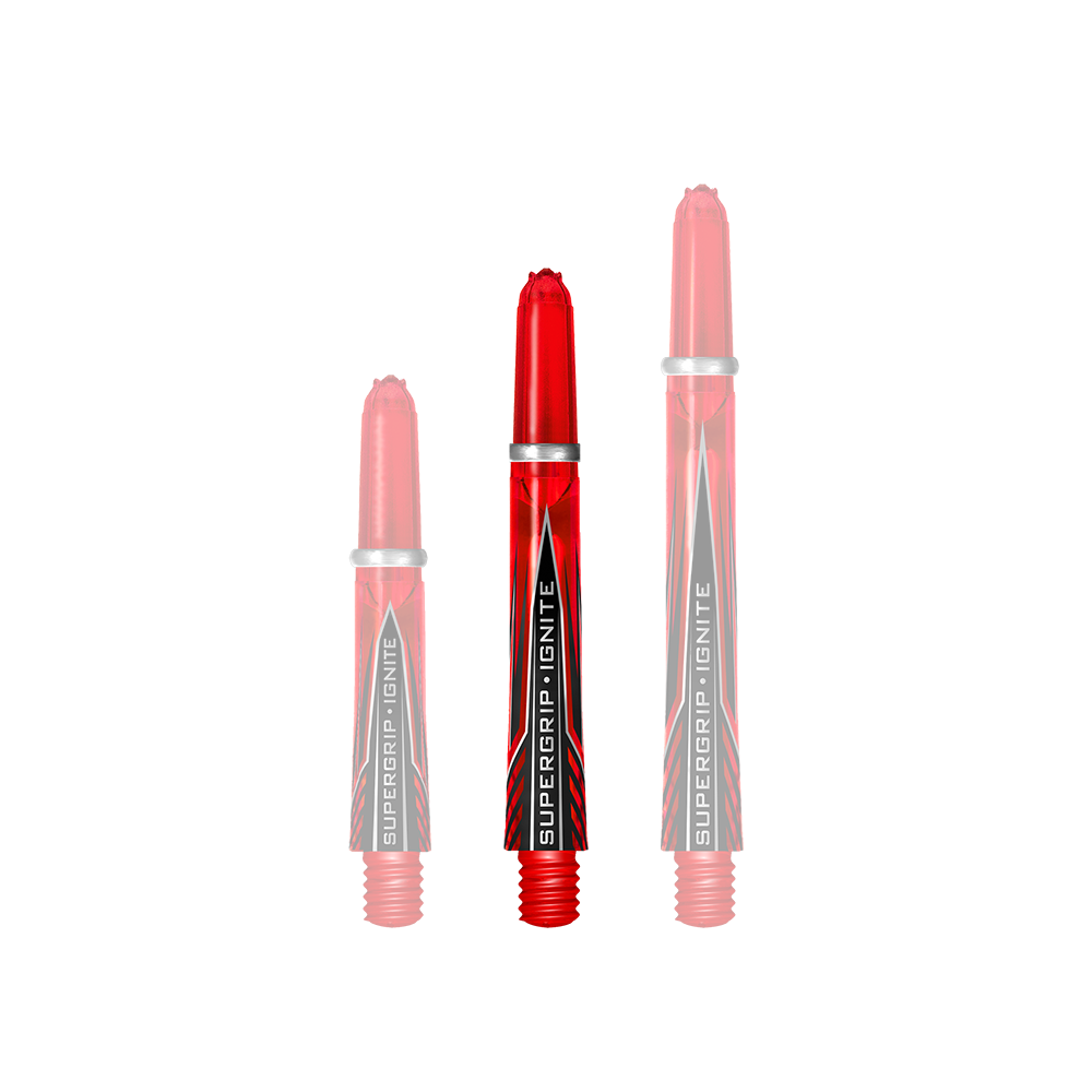 Das Bild zeigt drei rote Harrows Supergrip Ignite Shafts in verschiedenen Längen. Die Shafts haben ein auffälliges Design mit schwarzen und silbernen Akzenten.